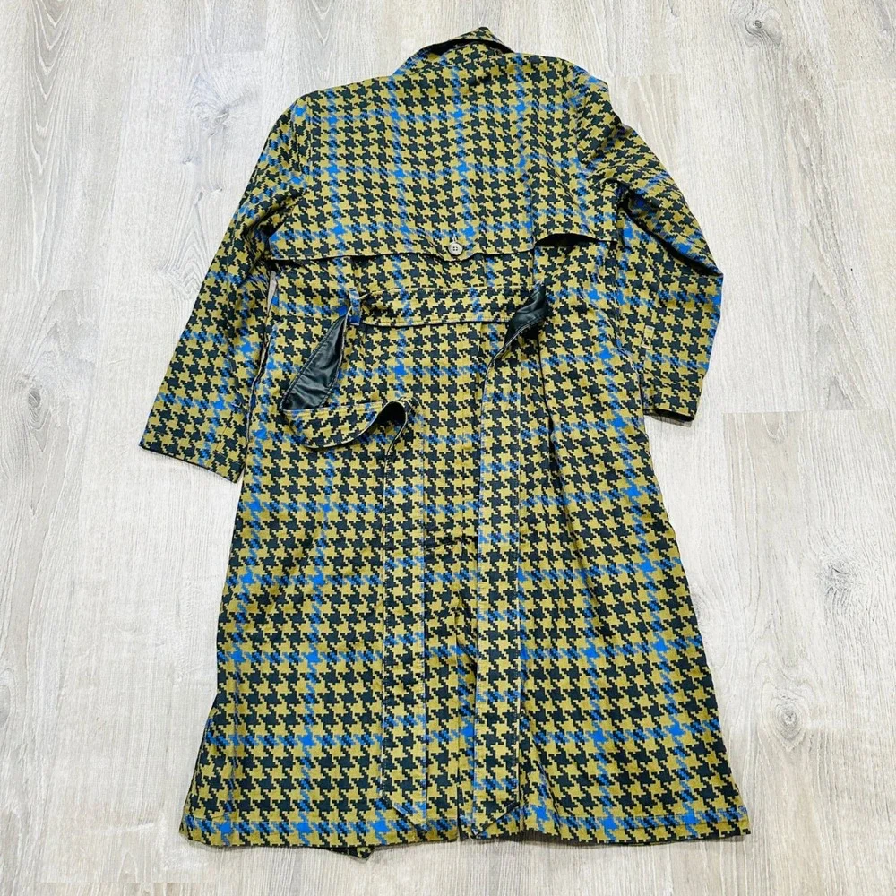 The Drop signedblake Houndstooth Trench Coat Olive Blue Faux Leather Trim M - Picture 16 of 16